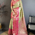 Pista Green Pink Kanjivaram Silk Saree Traditional Zari Woven Saree