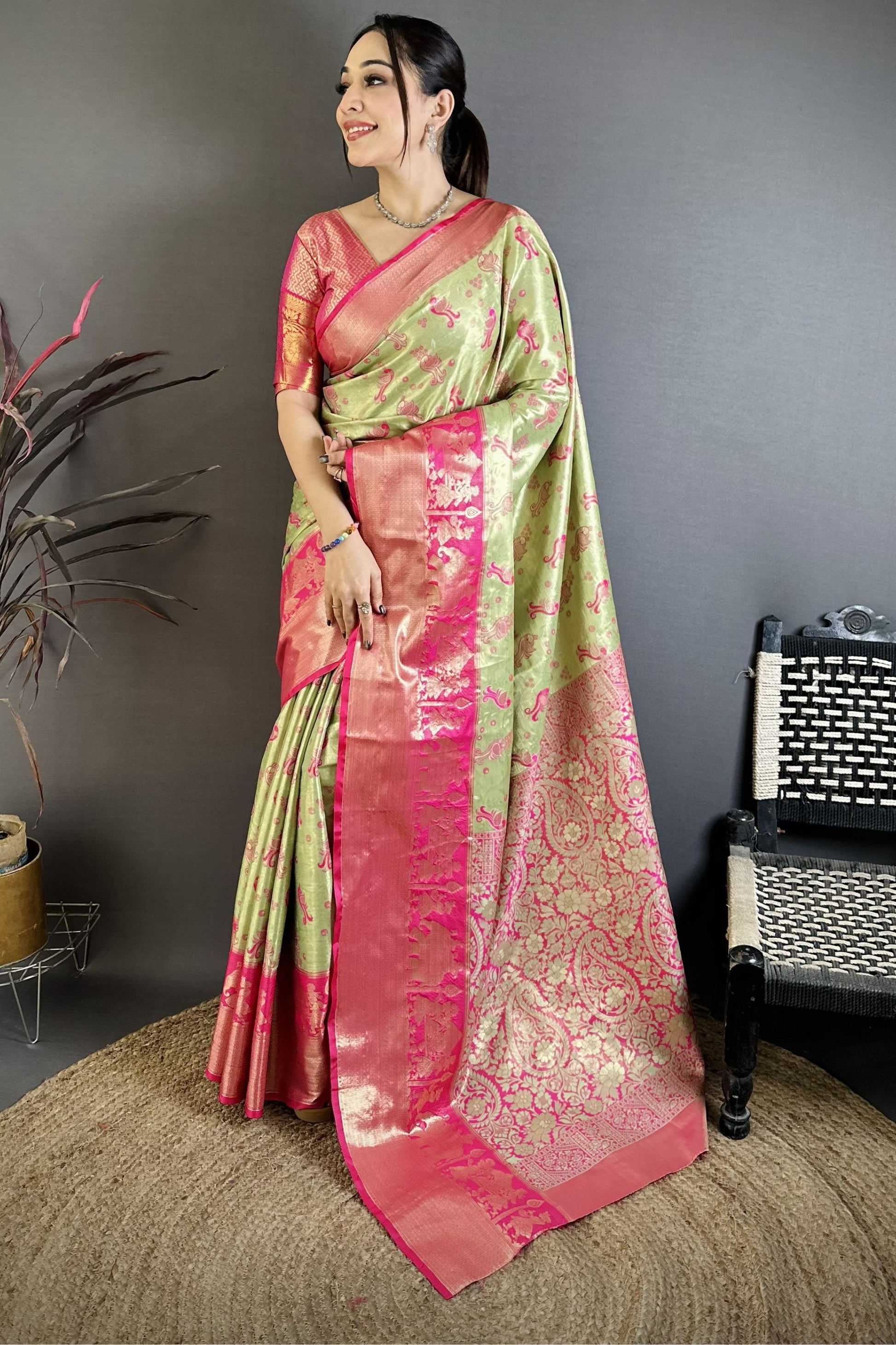 Pista Green Pink Kanjivaram Silk Saree Traditional Zari Woven Saree