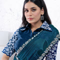 Teal Blue Embroidered Georgette Saree Floral Border Designer Blouse