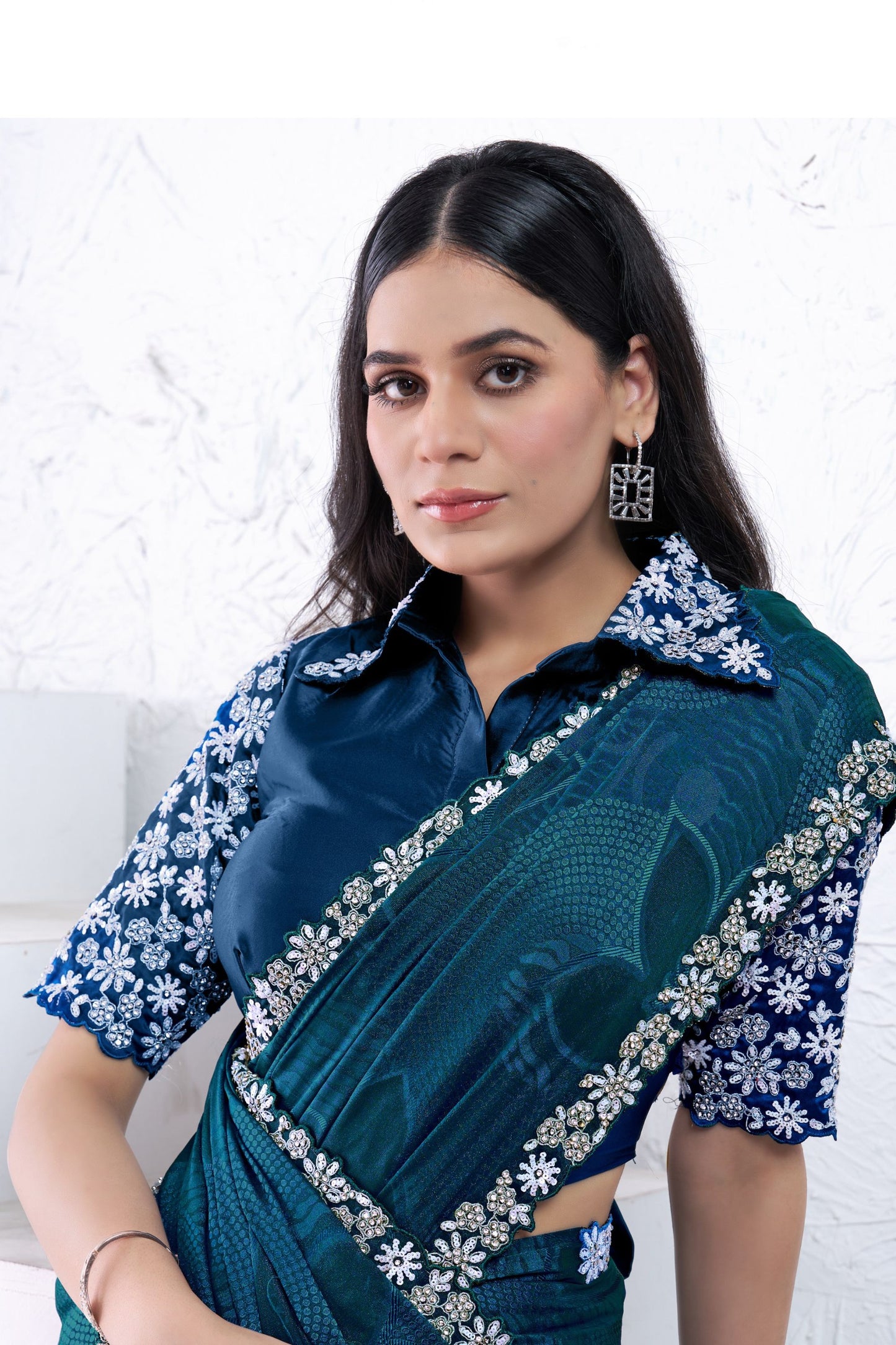 Teal Blue Embroidered Georgette Saree Floral Border Designer Blouse