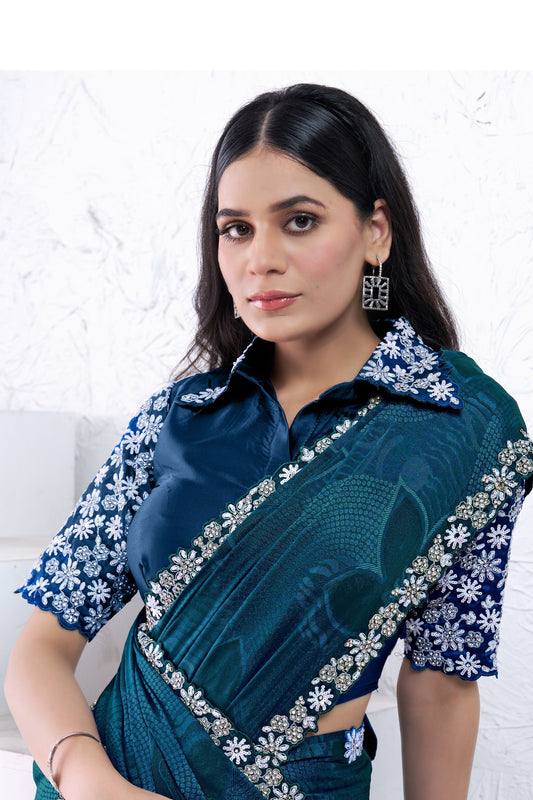 Teal Blue Embroidered Georgette Saree Floral Border Designer Blouse