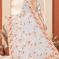 Designer Grey Net Floral Embroidered Saree Heavy Scalloped Border Blouse