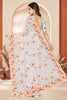 Designer Grey Net Floral Embroidered Saree Heavy Scalloped Border Blouse