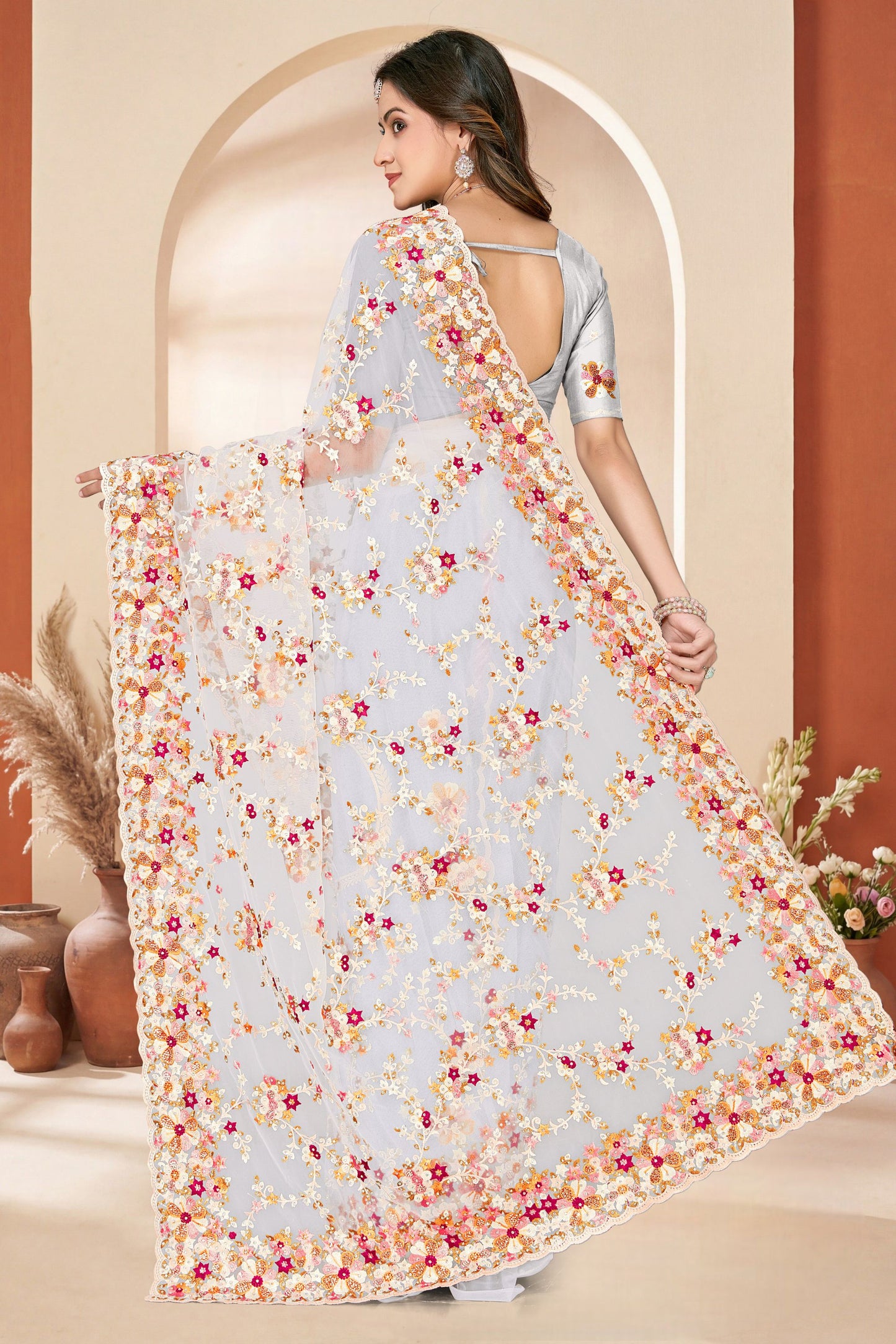 Designer Grey Net Floral Embroidered Saree Heavy Scalloped Border Blouse