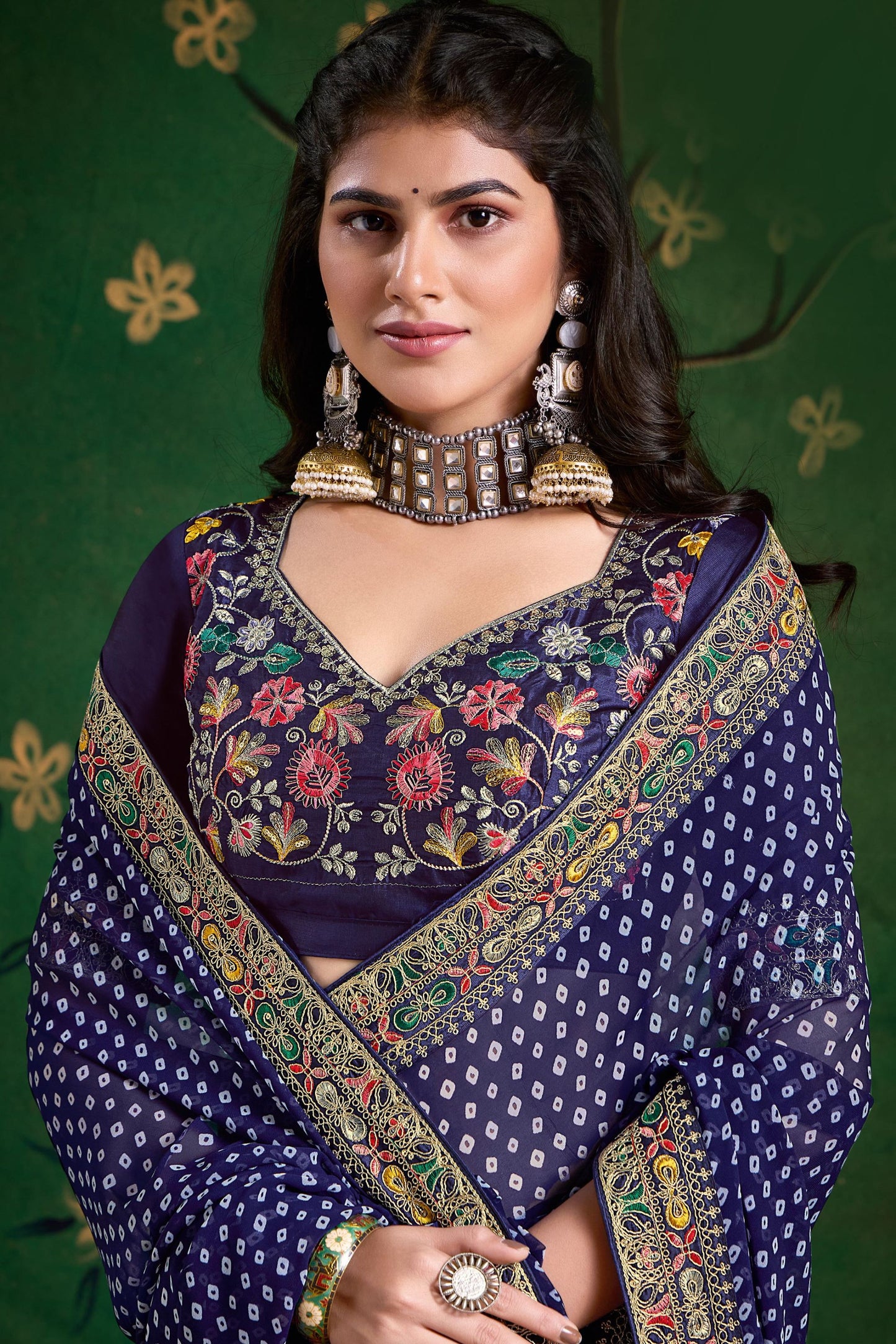 Navy Blue Bandhej Saree with Designer Blouse for Festive Wear