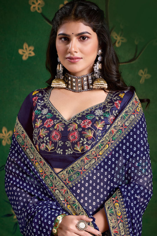 Navy Blue Bandhej Saree with Designer Blouse for Festive Wear