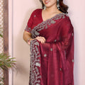 Wine Red Embroidered Saree with Designer Lace Border and Blouse
