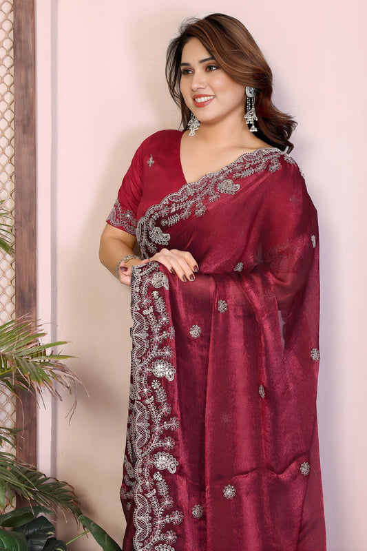 Wine Red Embroidered Saree with Designer Lace Border and Blouse