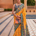 Mustard Yellow Patola Silk Saree Grey Ikat Border Woven Design