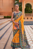 Mustard Yellow Patola Silk Saree Grey Ikat Border Woven Design