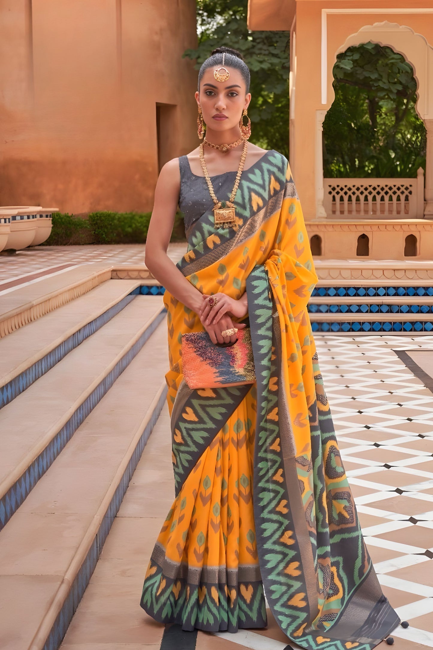 Mustard Yellow Patola Silk Saree Grey Ikat Border Woven Design