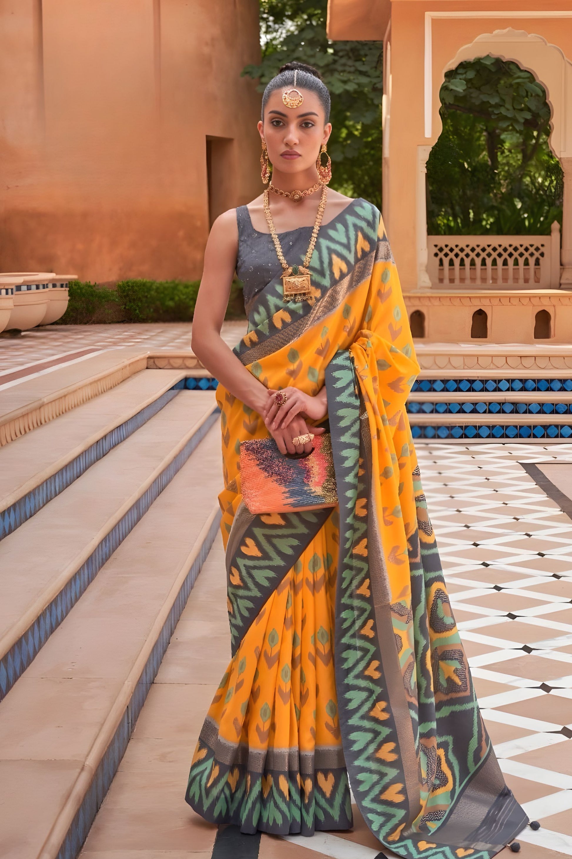 Mustard Yellow Patola Silk Saree Grey Ikat Border Woven Design