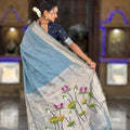 Sky Blue Linen Silk Saree Hand Painted Lotus Pallu Silver Zari Border