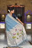 Sky Blue Linen Silk Saree Hand Painted Lotus Pallu Silver Zari Border