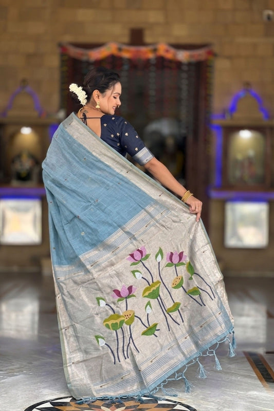 Sky Blue Linen Silk Saree Hand Painted Lotus Pallu Silver Zari Border