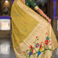 Olive Green Tussar Silk Saree Multicolor Floral Motif Designer Pallu