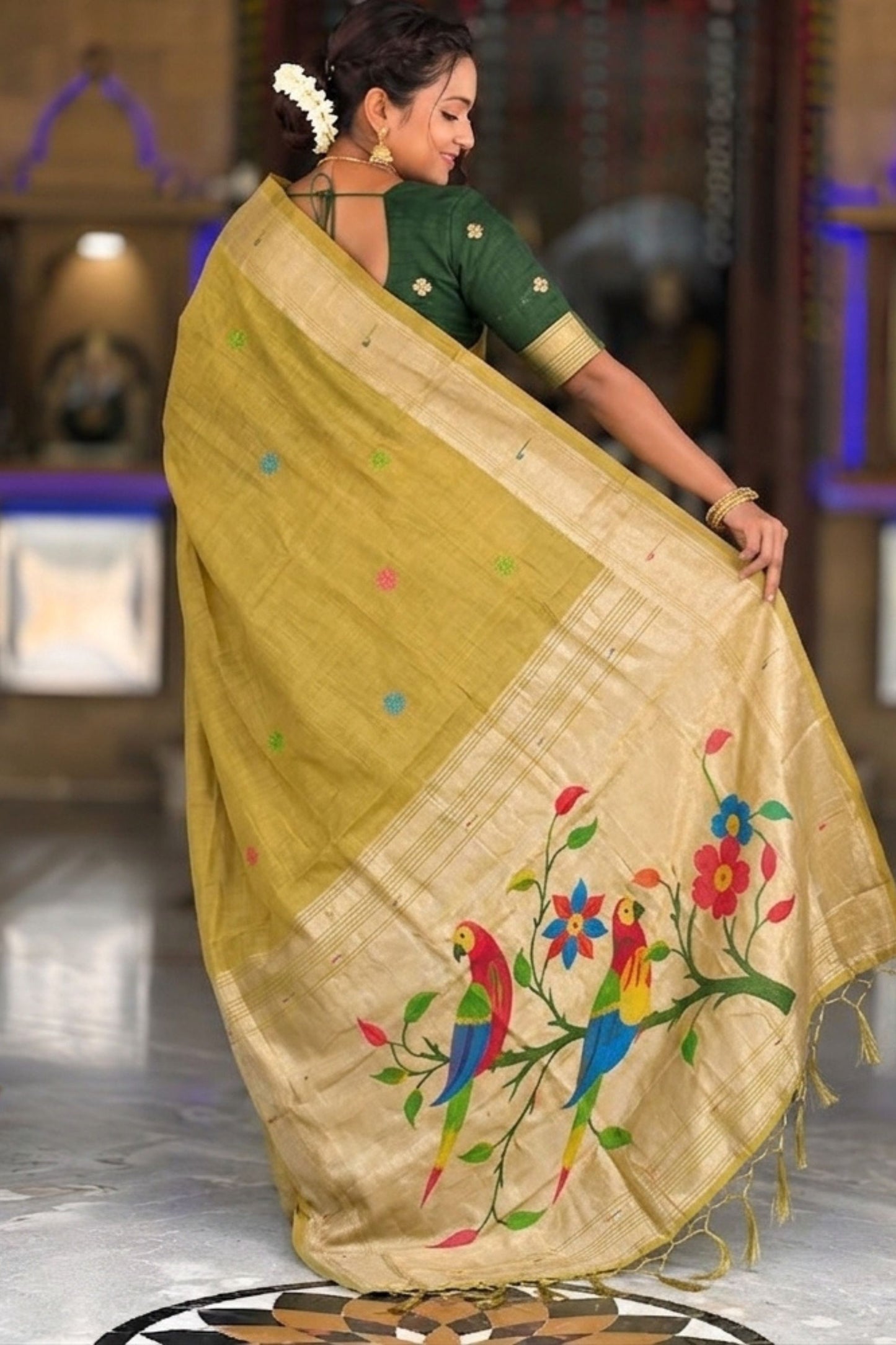 Olive Green Tussar Silk Saree Multicolor Floral Motif Designer Pallu