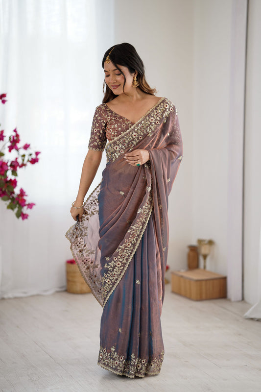 Elegant Mauve Grey Organza Silk Saree with Heavy Designer Blouse