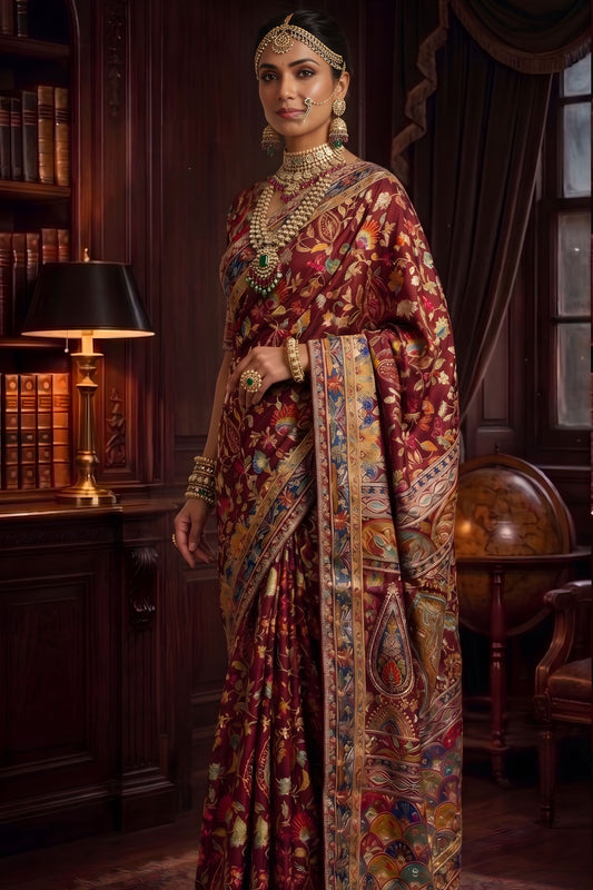 Maroon Banarasi Silk Saree Floral Zari Weaving and Designer Border