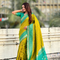 Mustard Yellow Saree Green Contrast Border Traditional Printed Design