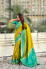 Mustard Yellow Saree Green Contrast Border Traditional Printed Design