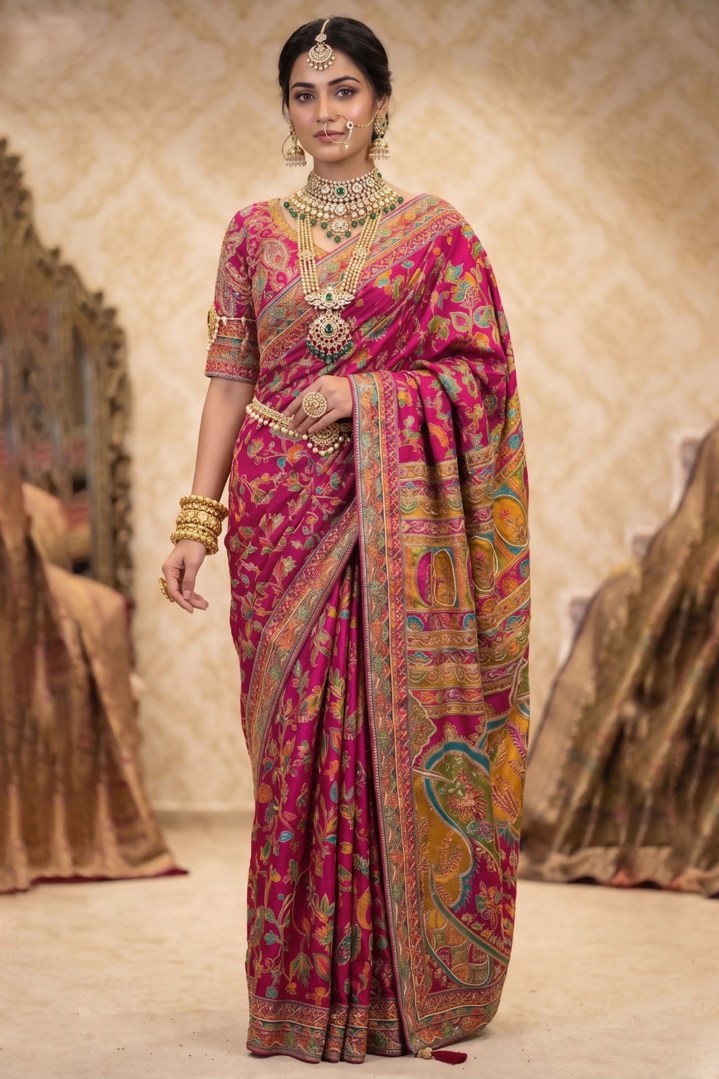 Rani Pink Banarasi Silk Saree Multicolor Floral Weaving Rich Designer Pallu