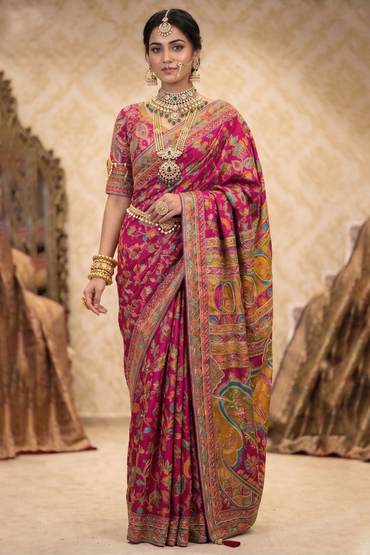 Rani Pink Banarasi Silk Saree Multicolor Floral Weaving Rich Designer Pallu