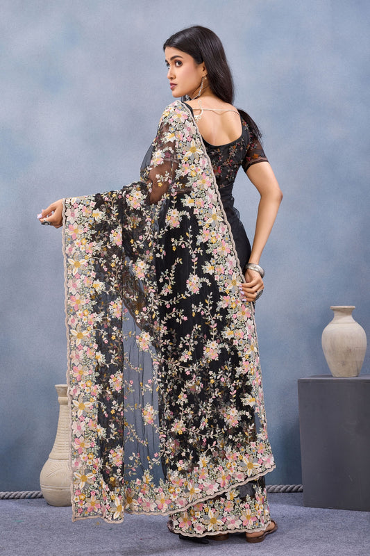 Black Floral Embroidered Net Saree with Designer Border