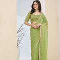 Pista Green Georgette Ready To Wear Saree with Designer Pearl Lace Border