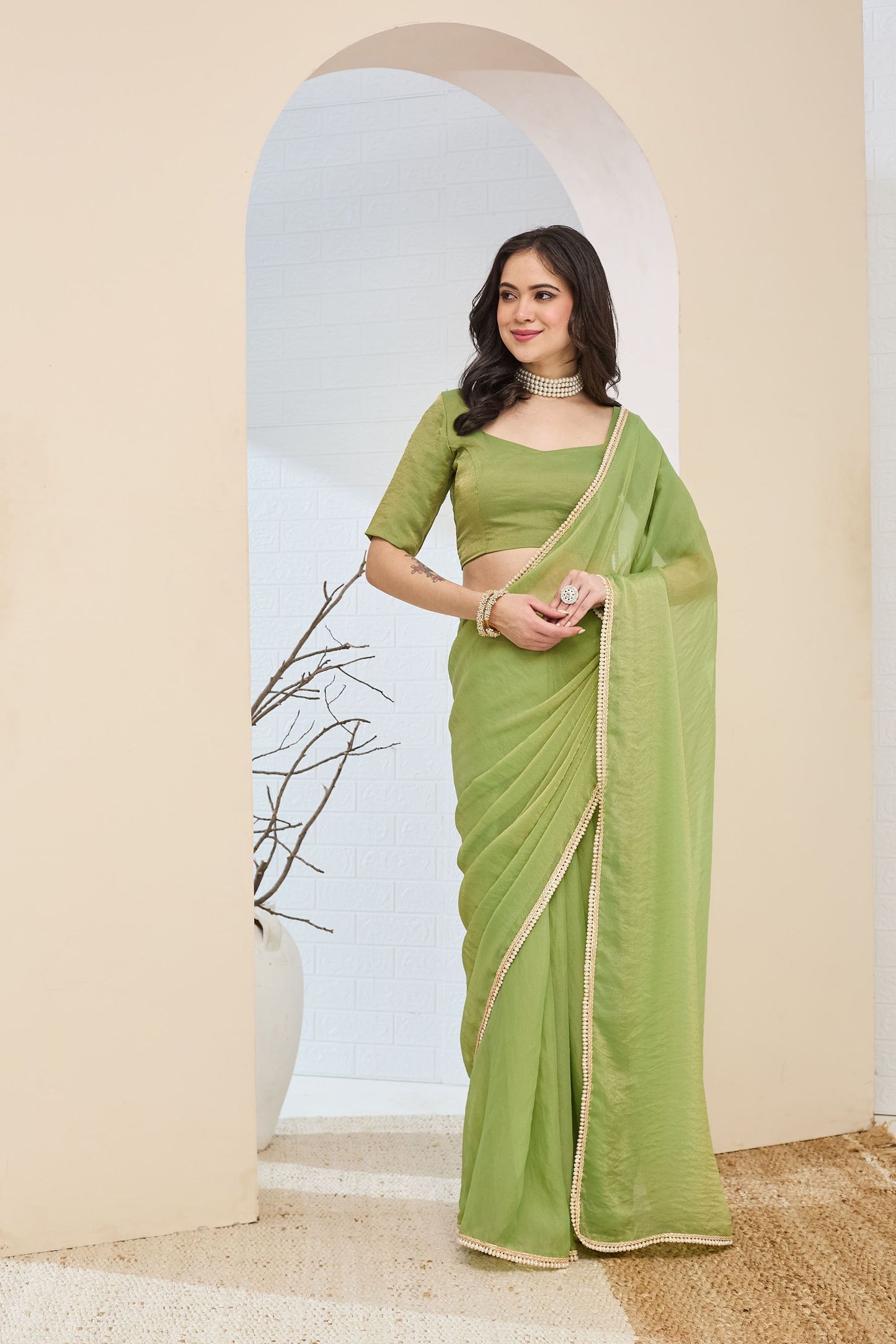 Pista Green Georgette Ready To Wear Saree with Designer Pearl Lace Border
