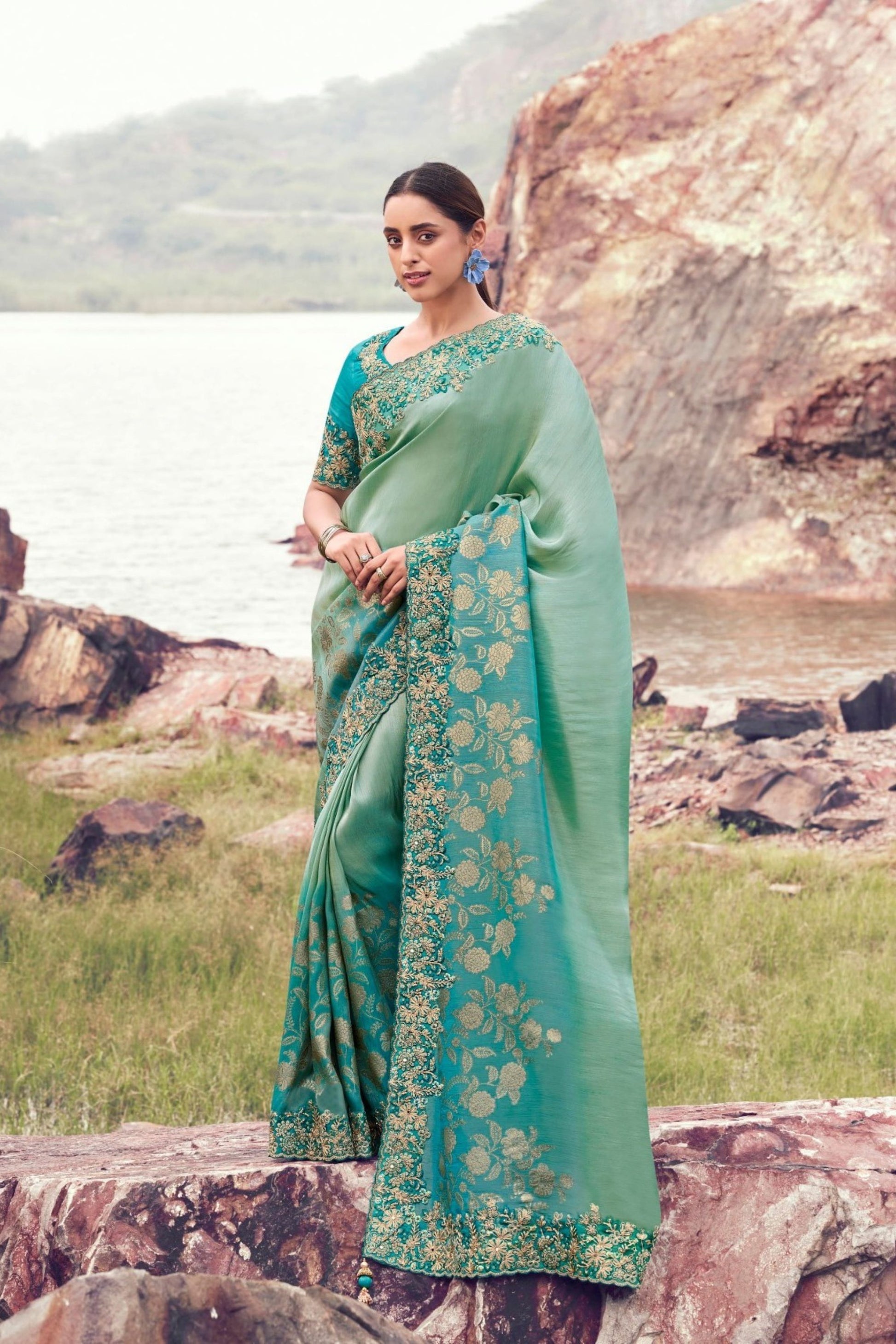 Sea Green Silk Saree with Golden Zari Designer Wedding Saree