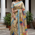 Beige Printed Linen Silk Saree with Multicolor Leaf Design