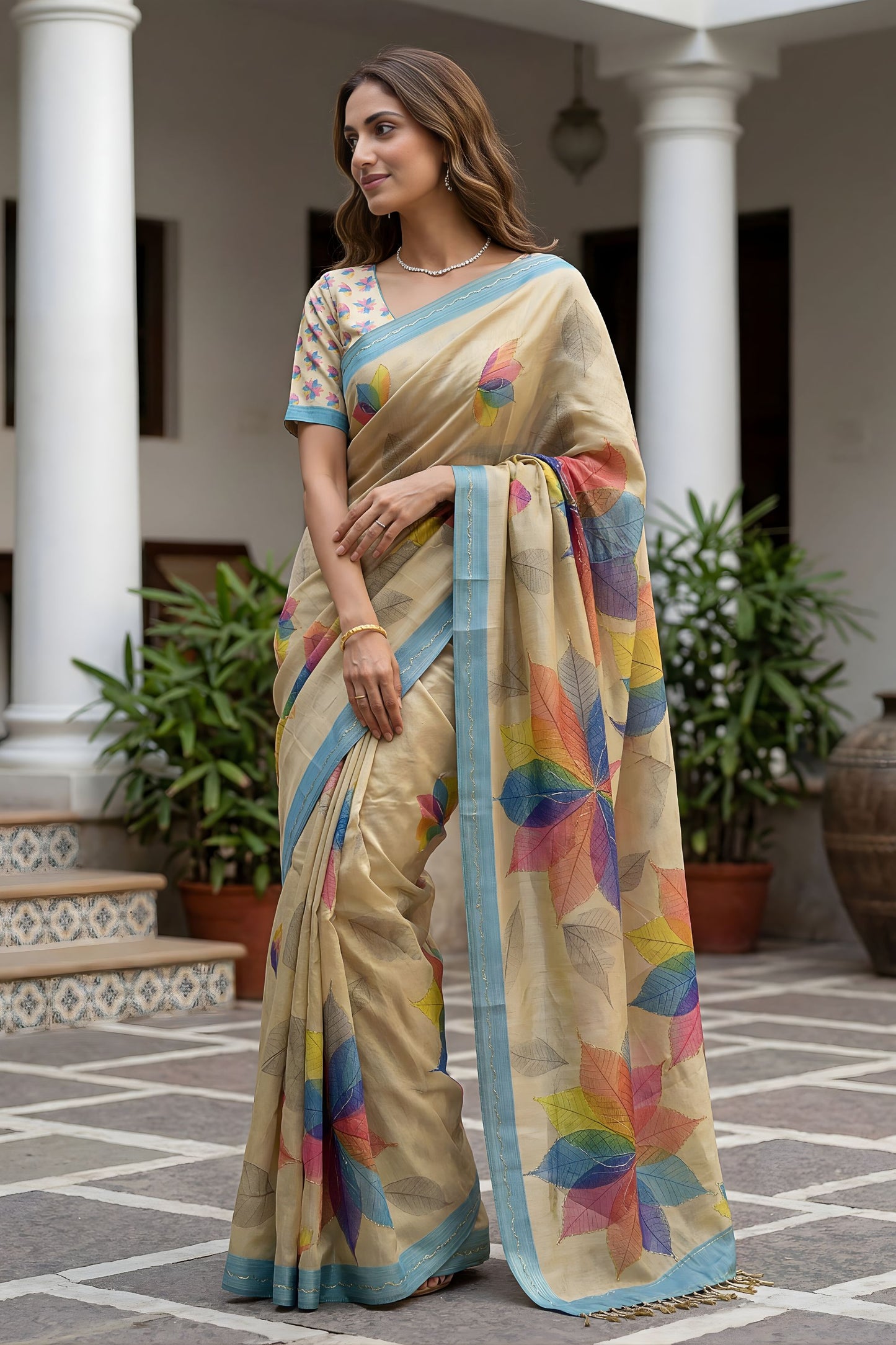 Beige Printed Linen Silk Saree with Multicolor Leaf Design