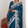 Teal Blue Georgette Saree Heavy Floral Embroidery Designer Blouse