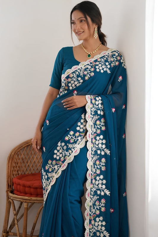 Teal Blue Georgette Saree Heavy Floral Embroidery Designer Blouse