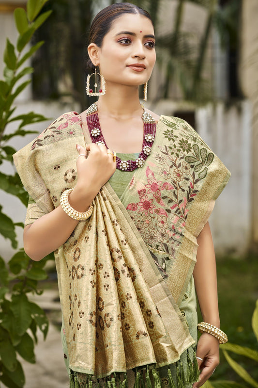 Pastel Green Banarasi Silk Saree with Zari Weaving Pallu Festive Wear