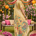 Mustard Yellow Silk Saree Multicolor Peacock Floral Print Zari Border