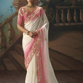 White Pink Embroidered Saree with Zari Border Designer Saree