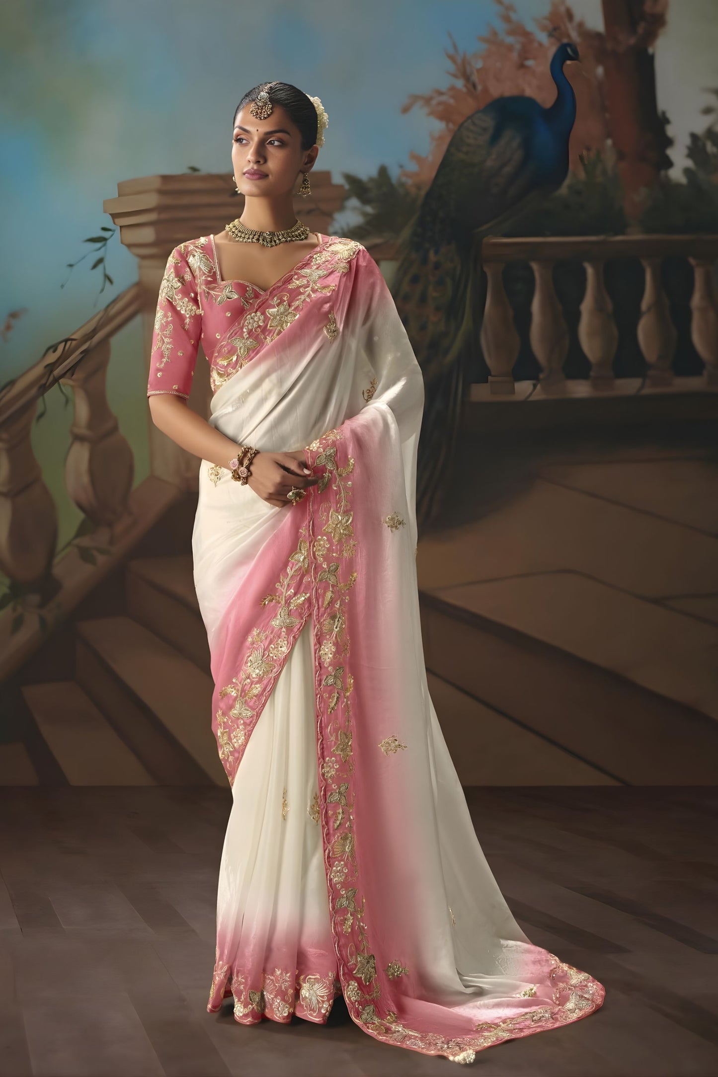 White Pink Embroidered Saree with Zari Border Designer Saree