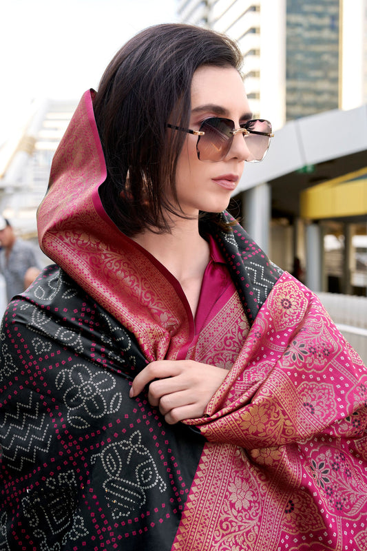 Black And Magenta Patola Print Banarasi Silk Saree with Zari Border