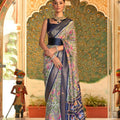 Sage Green Navy Blue Printed Linen Silk Saree with Designer Border