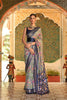Sage Green Navy Blue Printed Linen Silk Saree with Designer Border