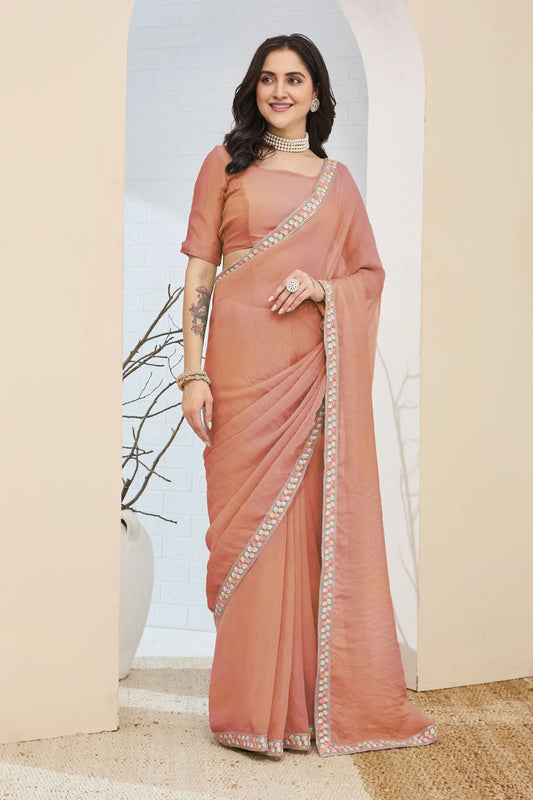 Peach Designer Saree Multicolor Embroidered Border Ready To Wear