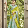 Lime Green Banarasi Silk Saree Sky Blue Zari Border Traditional Saree