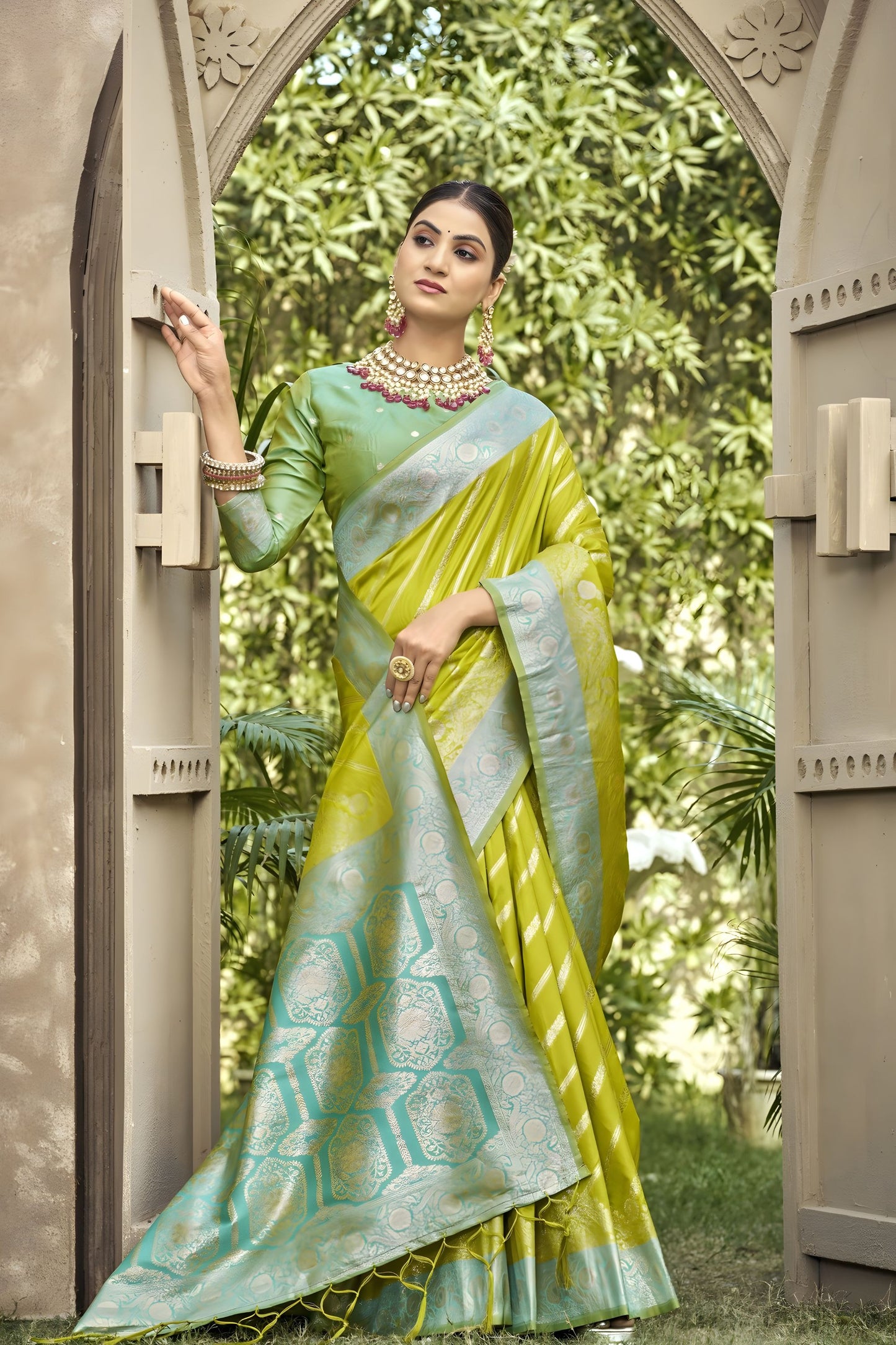 Lime Green Banarasi Silk Saree Sky Blue Zari Border Traditional Saree