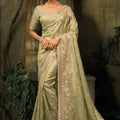Pista Green Embroidered Silk Saree with Heavy Border Matching Blouse