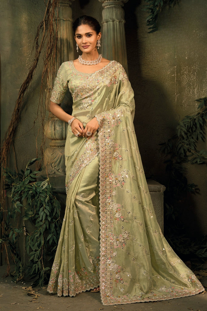 Pista Green Embroidered Silk Saree with Heavy Border Matching Blouse