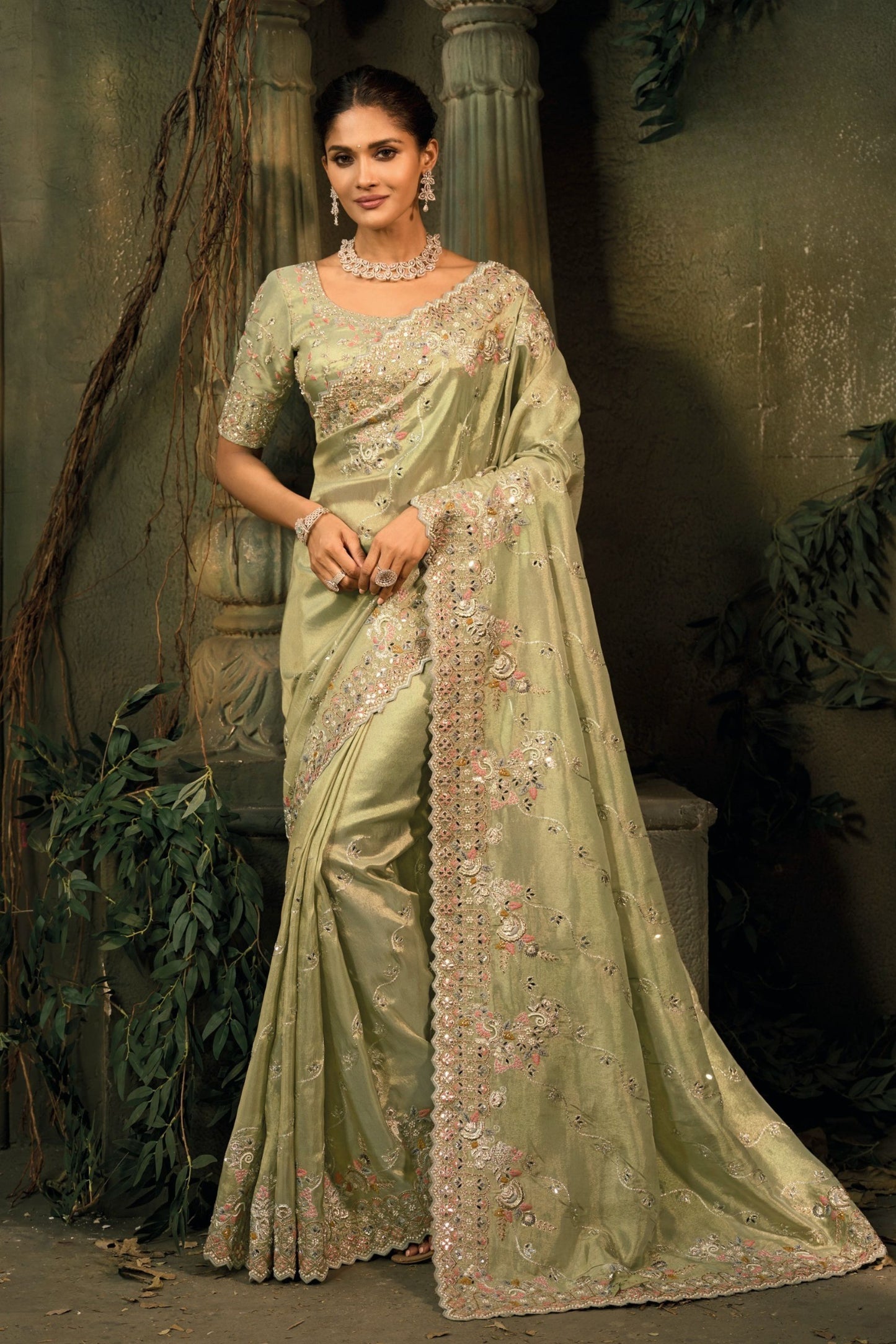 Pista Green Embroidered Silk Saree with Heavy Border Matching Blouse