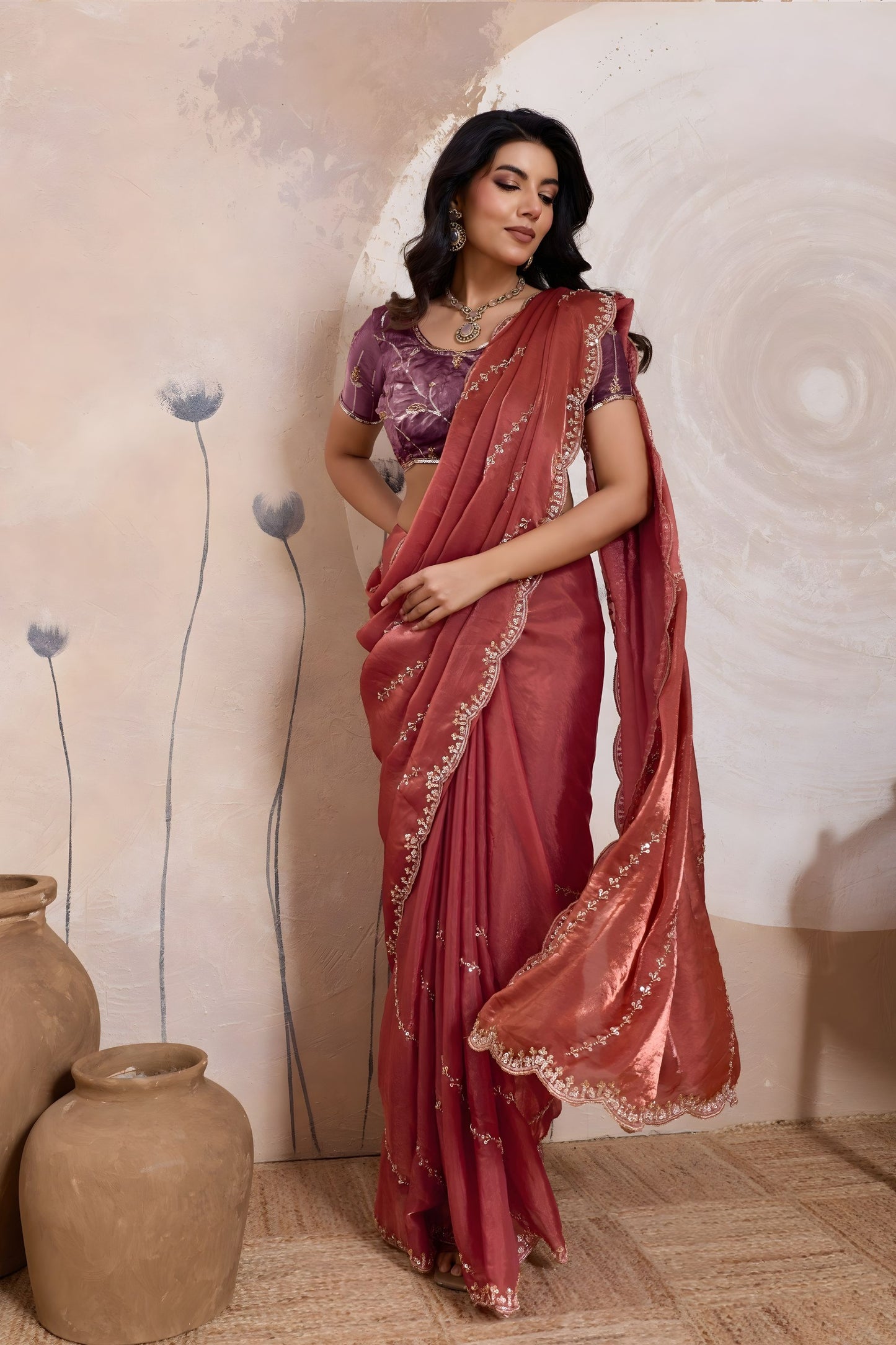 Maroon Silk Saree Golden Zari Embroidery Border Matching Blouse