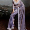Designer Lavender Silk Saree with Floral Lace Border Party  Wear